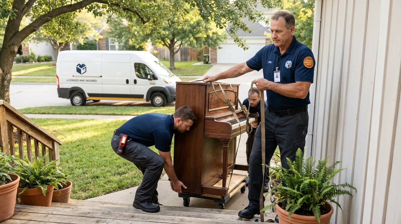 Licensed piano movers securing grand piano in Stockton, KS