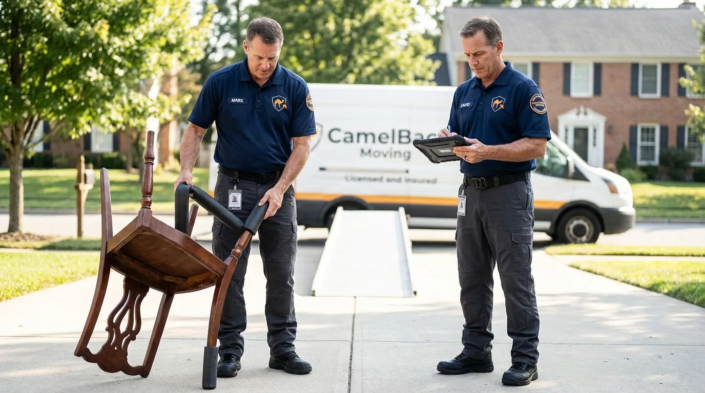Movers inspecting furniture for damage prevention before loading in Stockton, KS